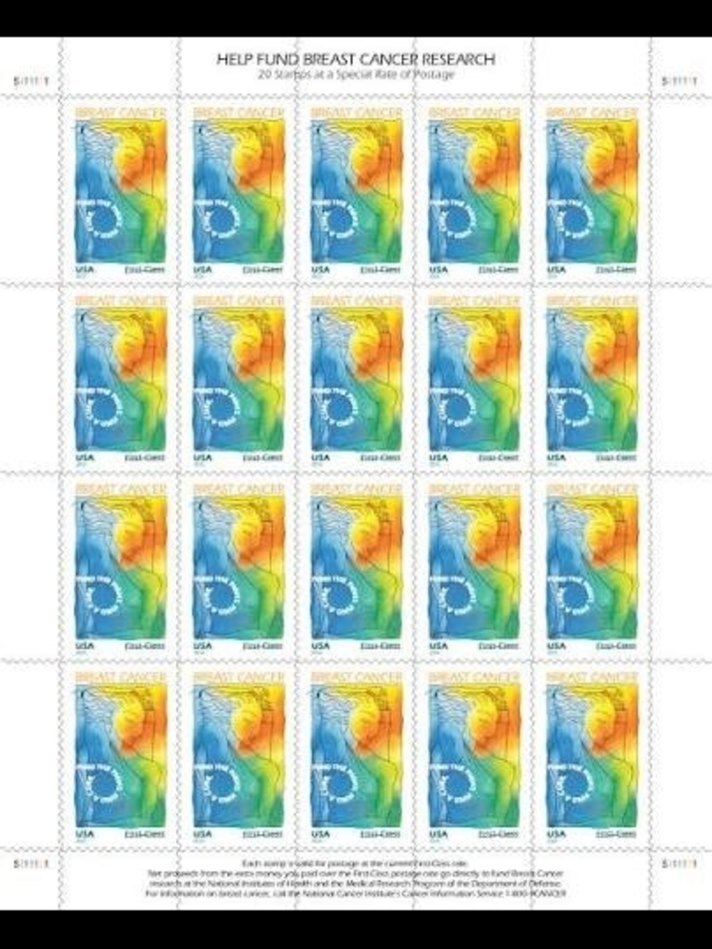 Breast Cancer Research Fundraising Stamp Sheet - Multi-Color